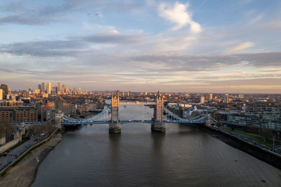 Tower Bridge and the River Thames from the air at dusk