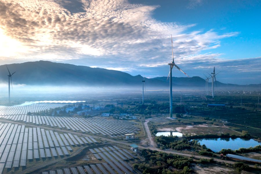 Aerial view of a wind and solar farm